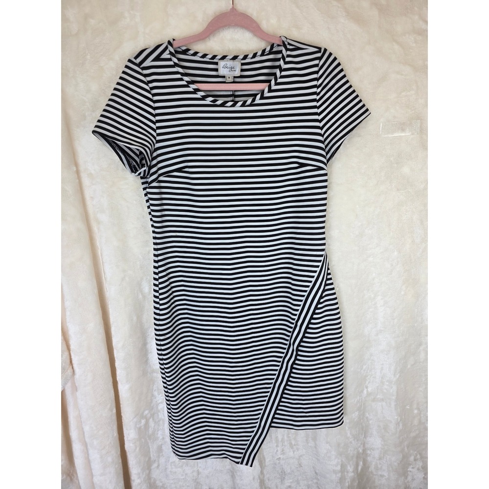 Beige by ECI Womens Black‎ White Striped Asymmetrical Wrap Hem Sheath Dress M